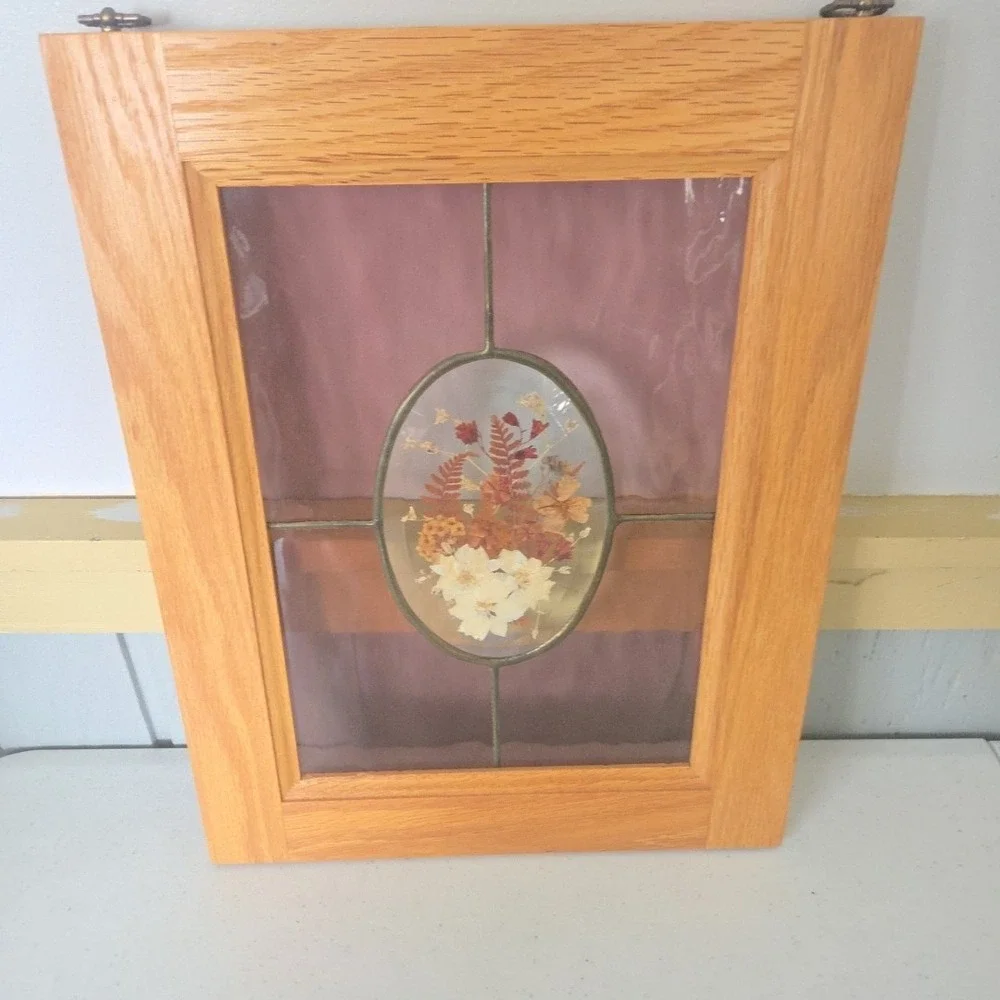 Oak Framed Stained Glass Artwork Dried Flowers Botanical Window Hanging